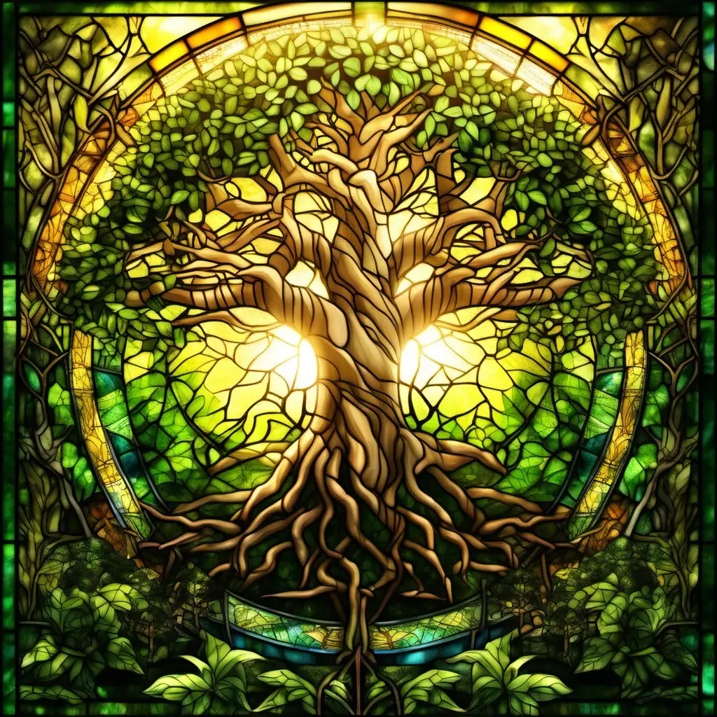 A stunning conceptual stained glass 3D render of a tree of life, situated in a lush green forest. The tree is surrounded by various plants and animals, symbolizing the interconnectedness of life. The sunlight filters through the leaves, casting a warm golden glow behind the tree. The overall atmosphere of the image is serene and harmonious, with a sense of unity and interdependence among all living things. The tree seems to be emerging from the forest.