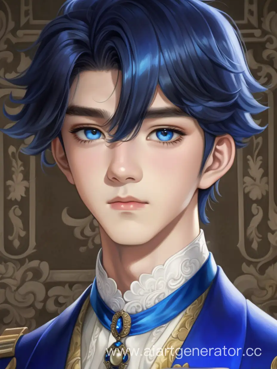 Мальчик лет 16 с азиатской внешностью голубые глаза и длинные ресницы темно синие волосы одежда аристократа