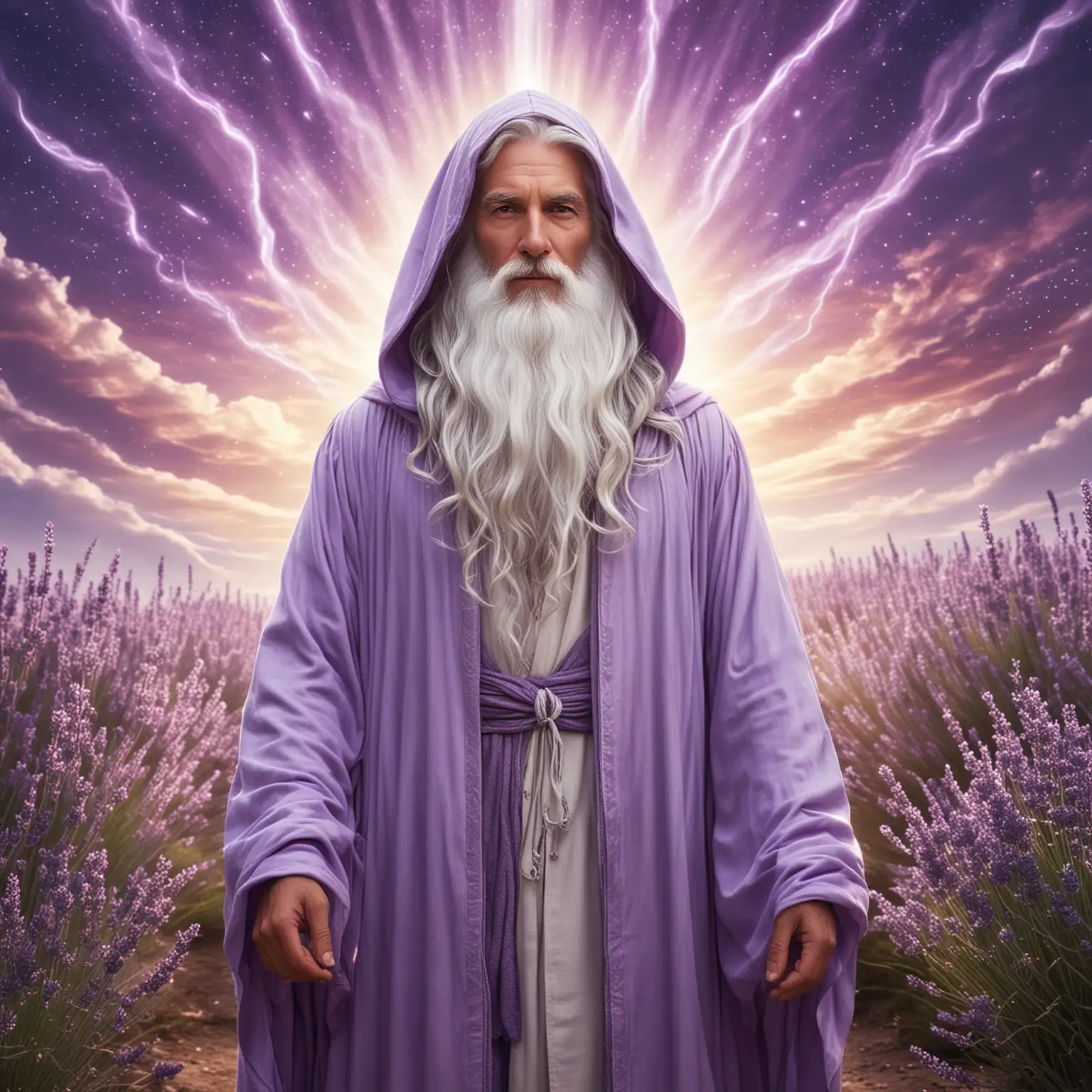 A beautiful galactic wizard with a long white beard in a lavender robe with a loose hood and radiating streams of white light with the sun behind him
