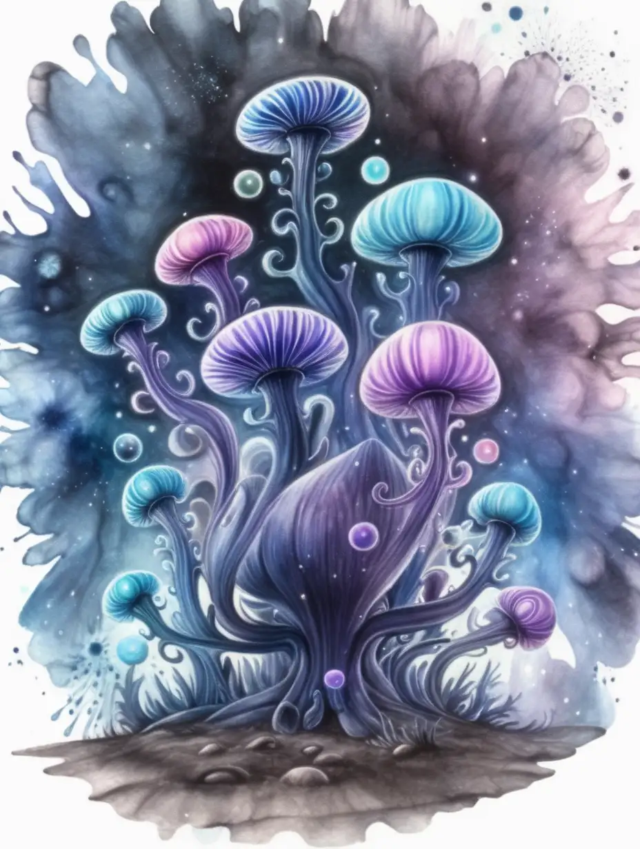 Enchanting Fantasy Gas Spore Amidst Dark Watercolor Ambiance