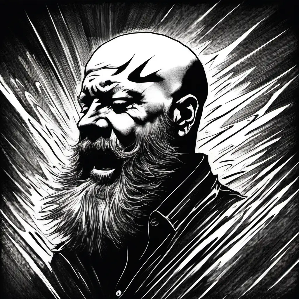 Bald man with a beard, headbanging, motion blur, silhouette, black fine liner ink art, album cover,