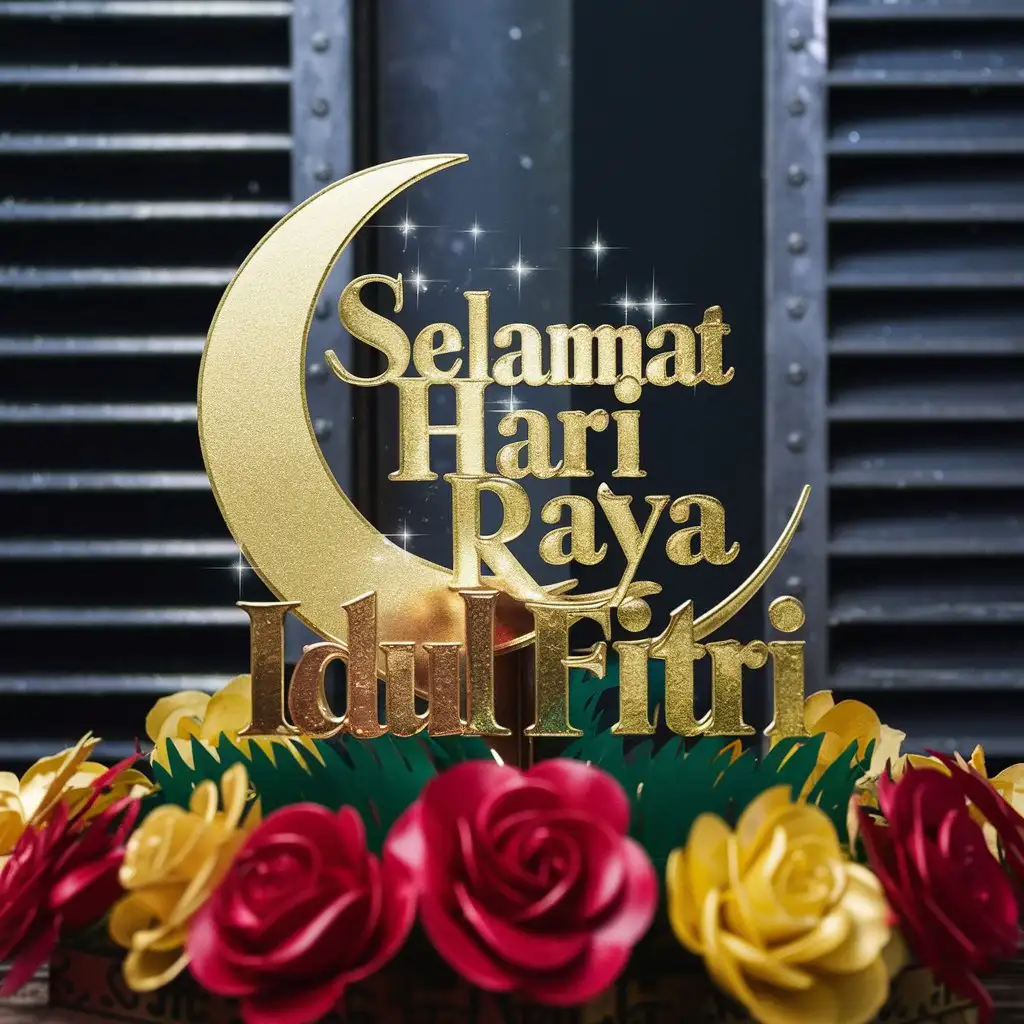 A word for celebration eid..the text is " Selamat Hari Raya Idul Fitri" in shining gold,  very beautiful with crescent moon and stars. Blooming rosses red and yellow flower.. in 4D pop up. Realiastic photo.. background gradient metalic black and dark blue.