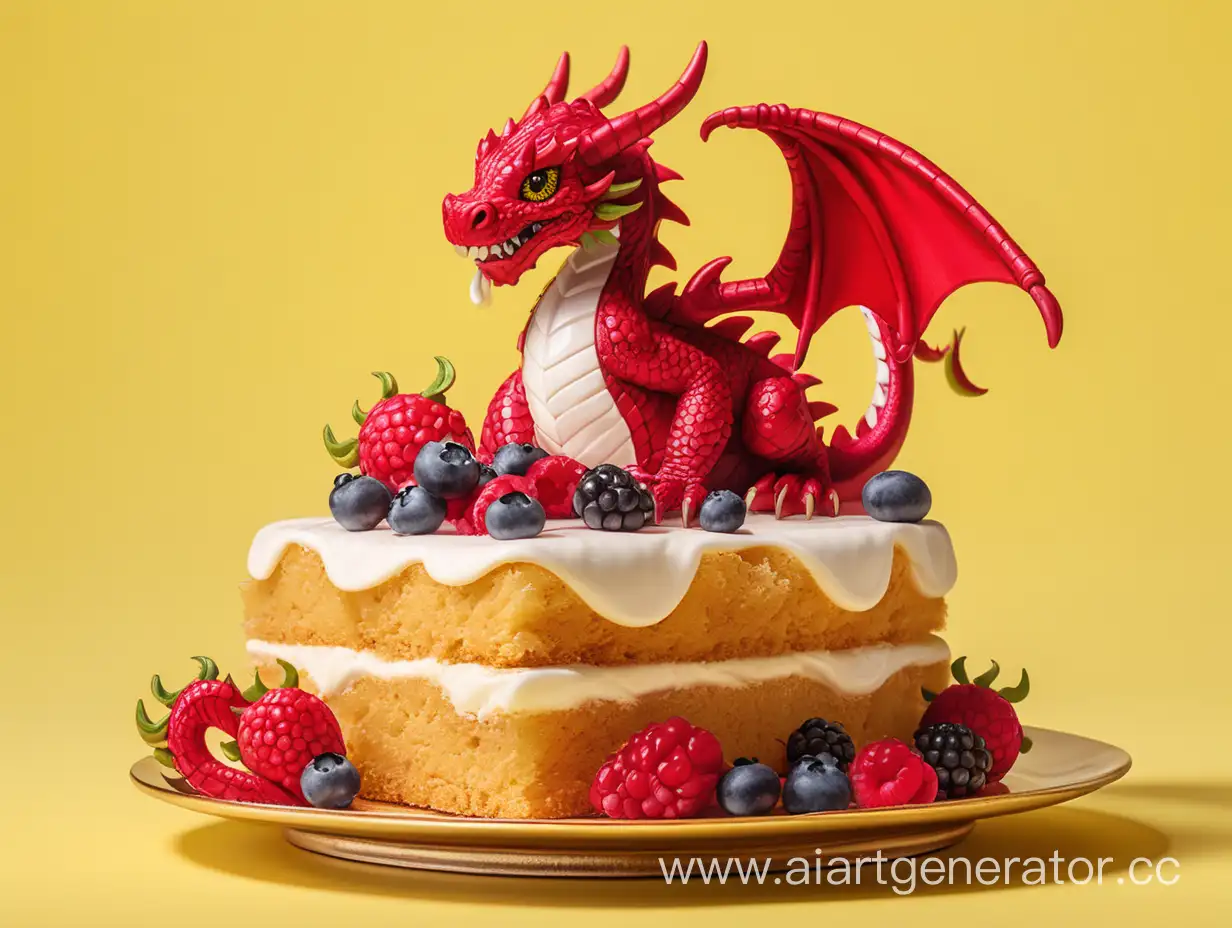 Piece of cake with a berry on top, yellow background, cute red dragons