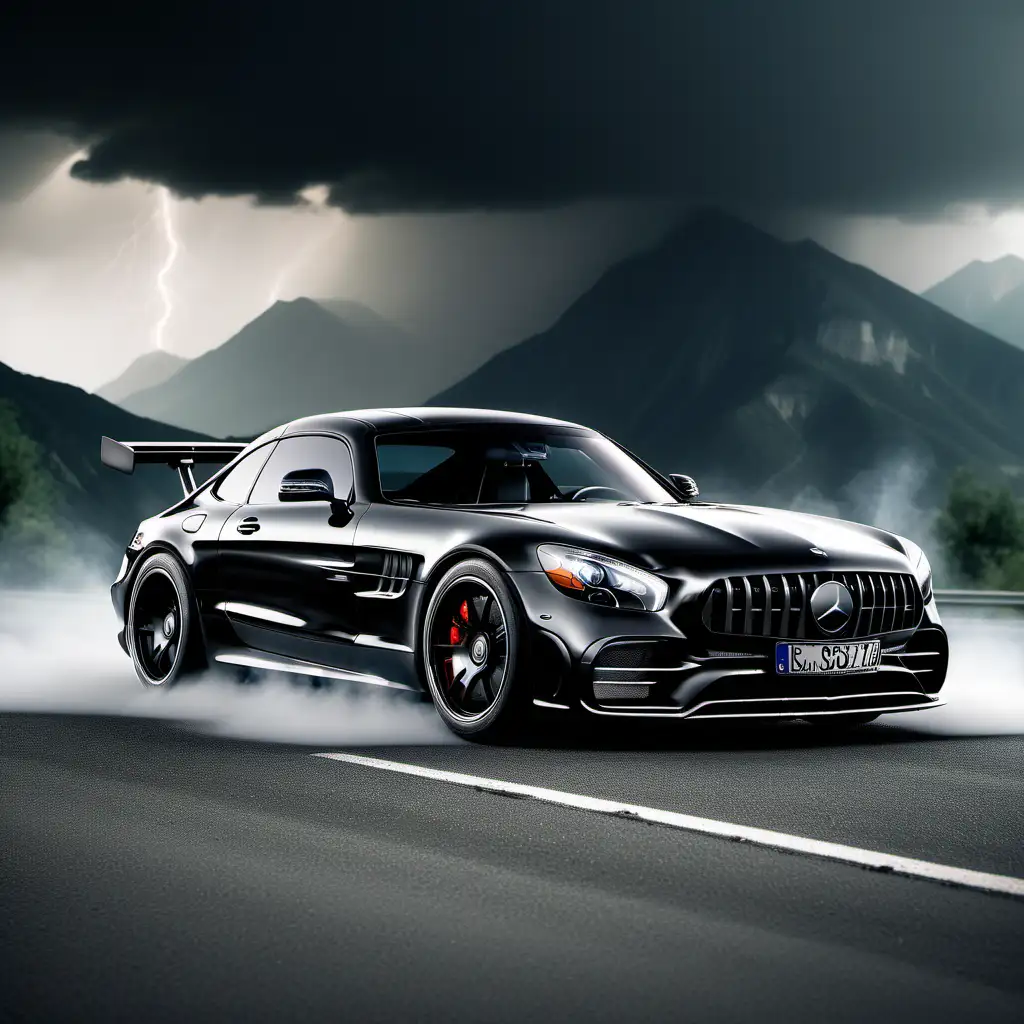 Profesjonalne Zdiecie samochodu Mercedes AMG, czarna metalic , tuning że spojlerem i szerokie nadkola , zamazana rejestracja, dym z pod opon. Skomponowany kadr uwzględnia realistyczne detale projektu oraz naturalne otoczenie. Użyto wysokiej jakości aparatu, by uchwycić realistyczne szczegóły, zapewnić optymalne oświetlenie i dostosować kompozycję, odzwierciedlając zarówno scenerię miejsca, na tle gór pochmurne niebo, burza z piorunani, jak i charakter projektu w codziennych sytuacja