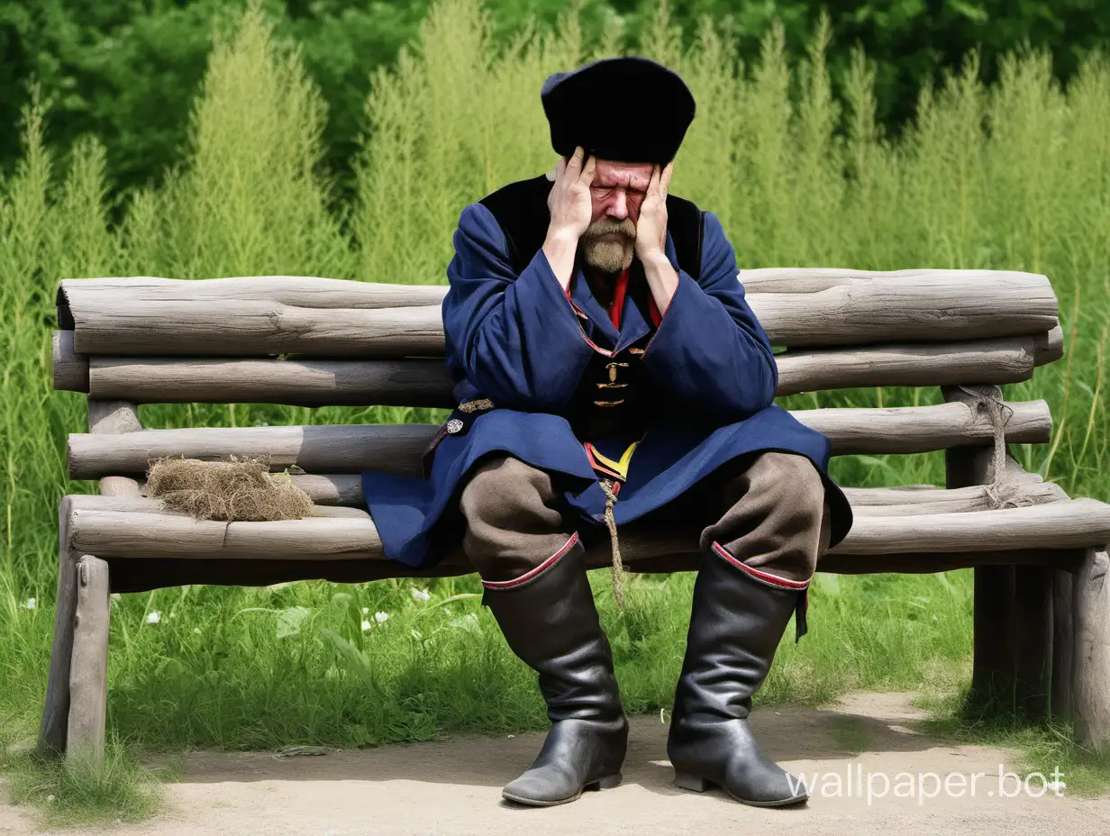 Cossack village, hamlet, a Cossack sits on a bench and holds his head
