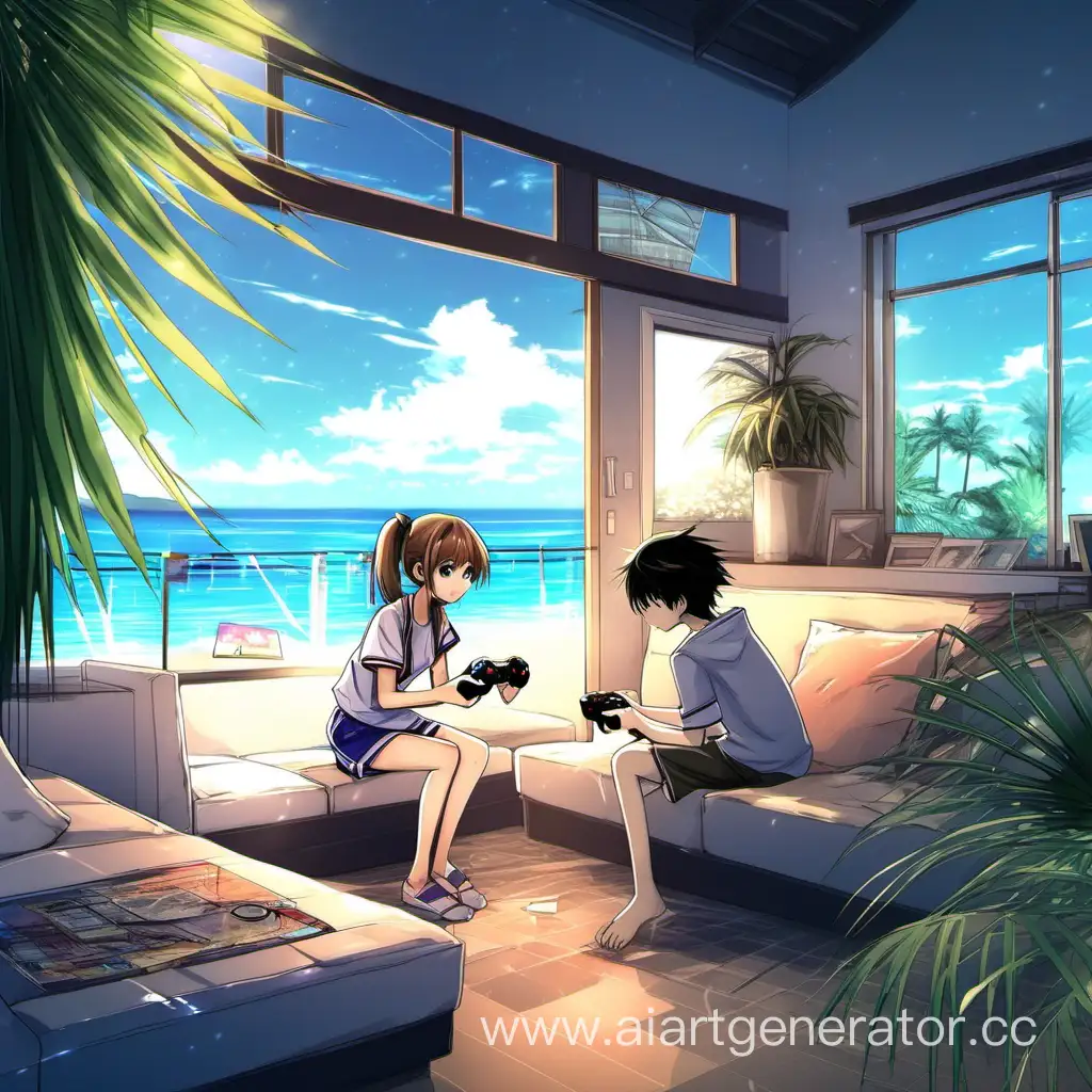 Anime, girl, boy, playing video games, house sea palms