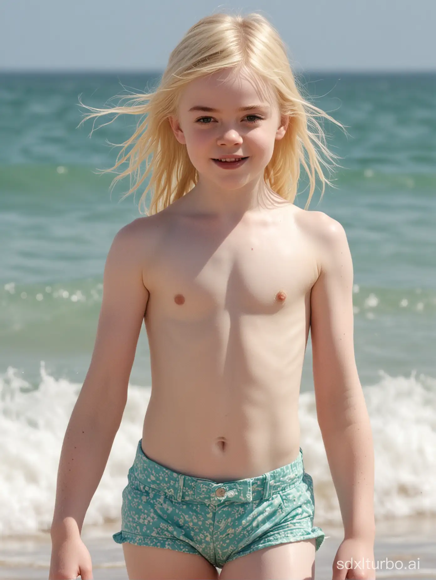 Elle Fanning at 8 years old, blond hair, very muscular abs, at beach