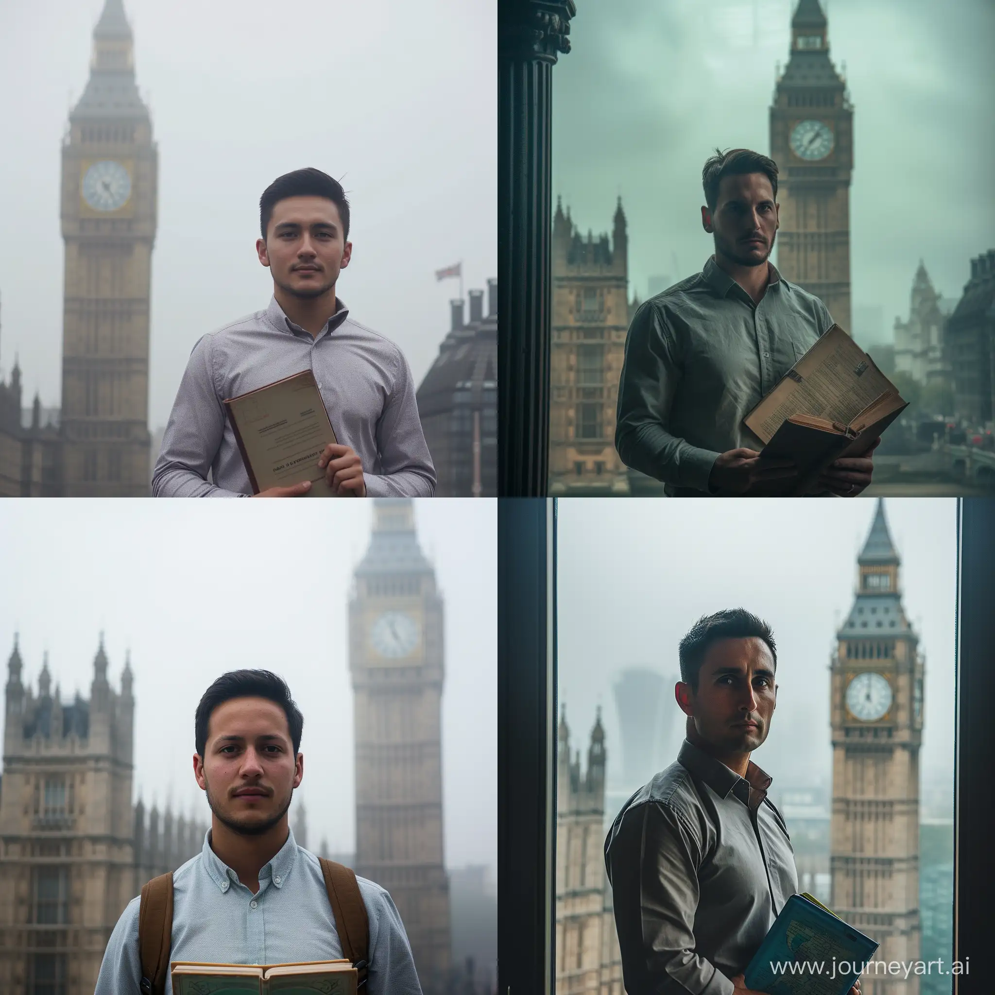 Man, in front of Big ben, foggy background medium shot, upper body, wear shirt, hold a book, board background, English grammar ،indoors, dark hair, man's body occupies 30% of the image, face the camera, indoor, English grammar background 