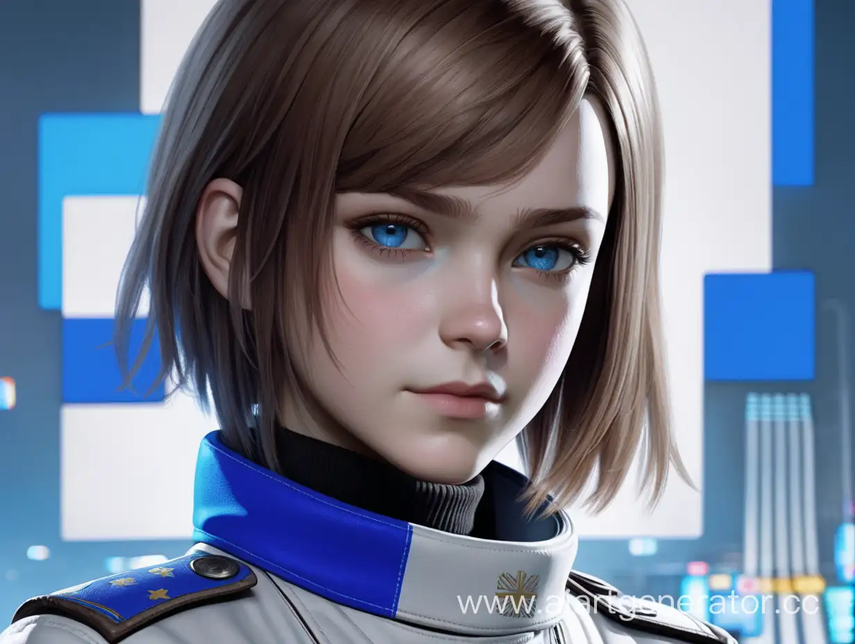 Android girl from the game Detroit: become human. It has brown hair and bright blue eyes, it is wearing a white jacket with a small Russian flag under the serial number, a blue turtleneck, black trousers. Picture style: Cover Style