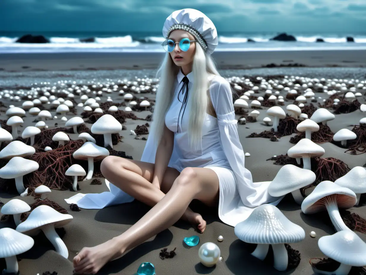 A beach full of bright neon mushrooms with white symbols, full of clear blue glass, a long-haired woman with white skin, black hair, an old woman with a crooked face, white cubes of seaweed in her ears, a hat of white cloth on her head, a white glossy fabric on her face, glasses made of pearls in her eyes, a collar made of shellfish on her, her legs made of white bright stamps, her fish tail,realistic futuristic, hdr, 4k, surreal, she face is real woman, fashion
