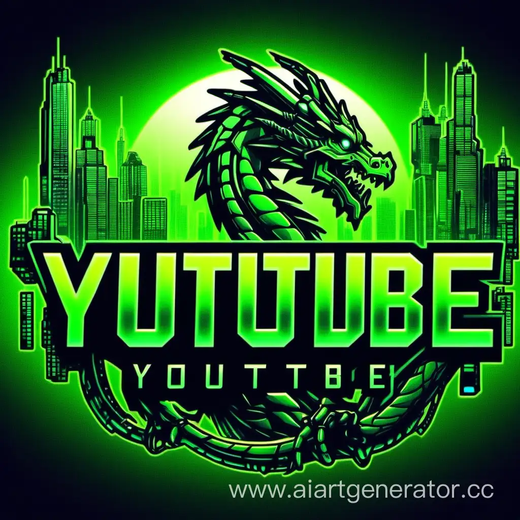 Логотип для ютуба в стилистике киберпанка,с изображением зеленого дракона,4K.
