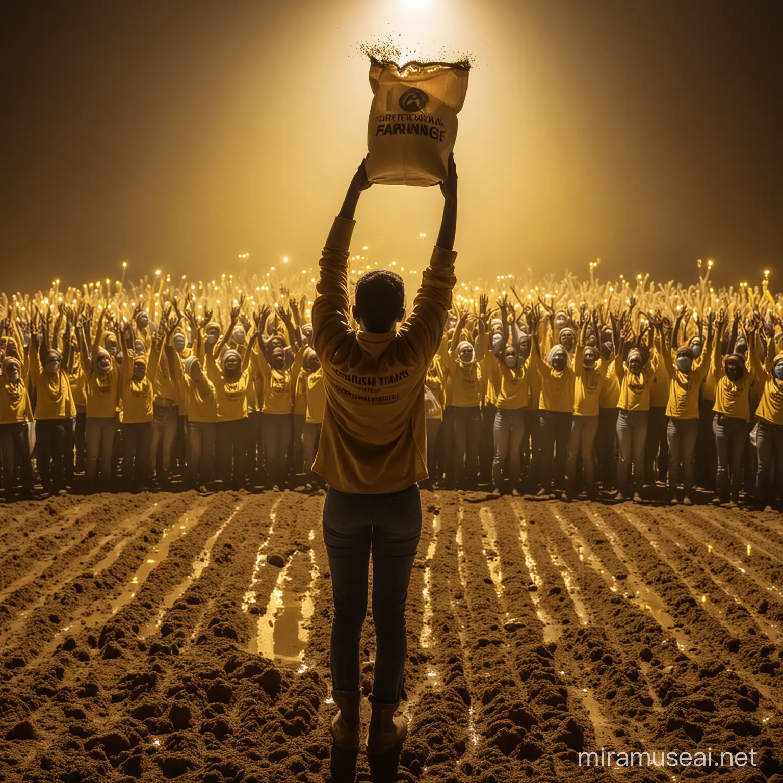 "Create an image where people are shown raising their hands with determination, facing a central stage illuminated by warm yellow lights. At the center stage stands a bag of chemical fertilizer, symbolizing agricultural practices. Surrounding the stage, people are holding bags of fertilizer, their right hands filled with soil, depicting their commitment to soil regeneration and sustainable farming practices amidst the presence of chemical alternatives."