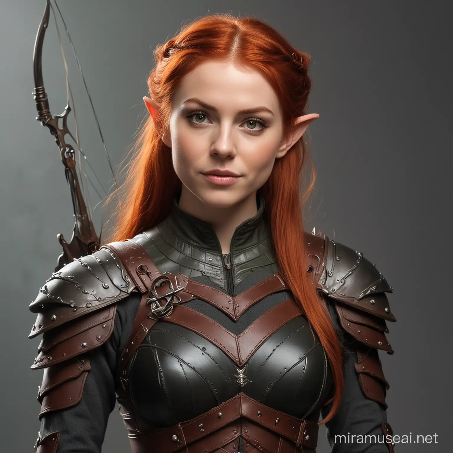 Female adult redhead elf. Has a smirk on her face. Wearing a leather armour. Is armed with a bow. 