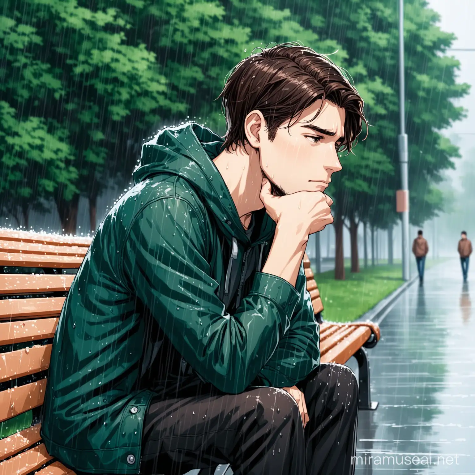 A 24-year-old, brunette-haired, beardless young man, slightly depressed, sitting on the bench in rainy weather 
