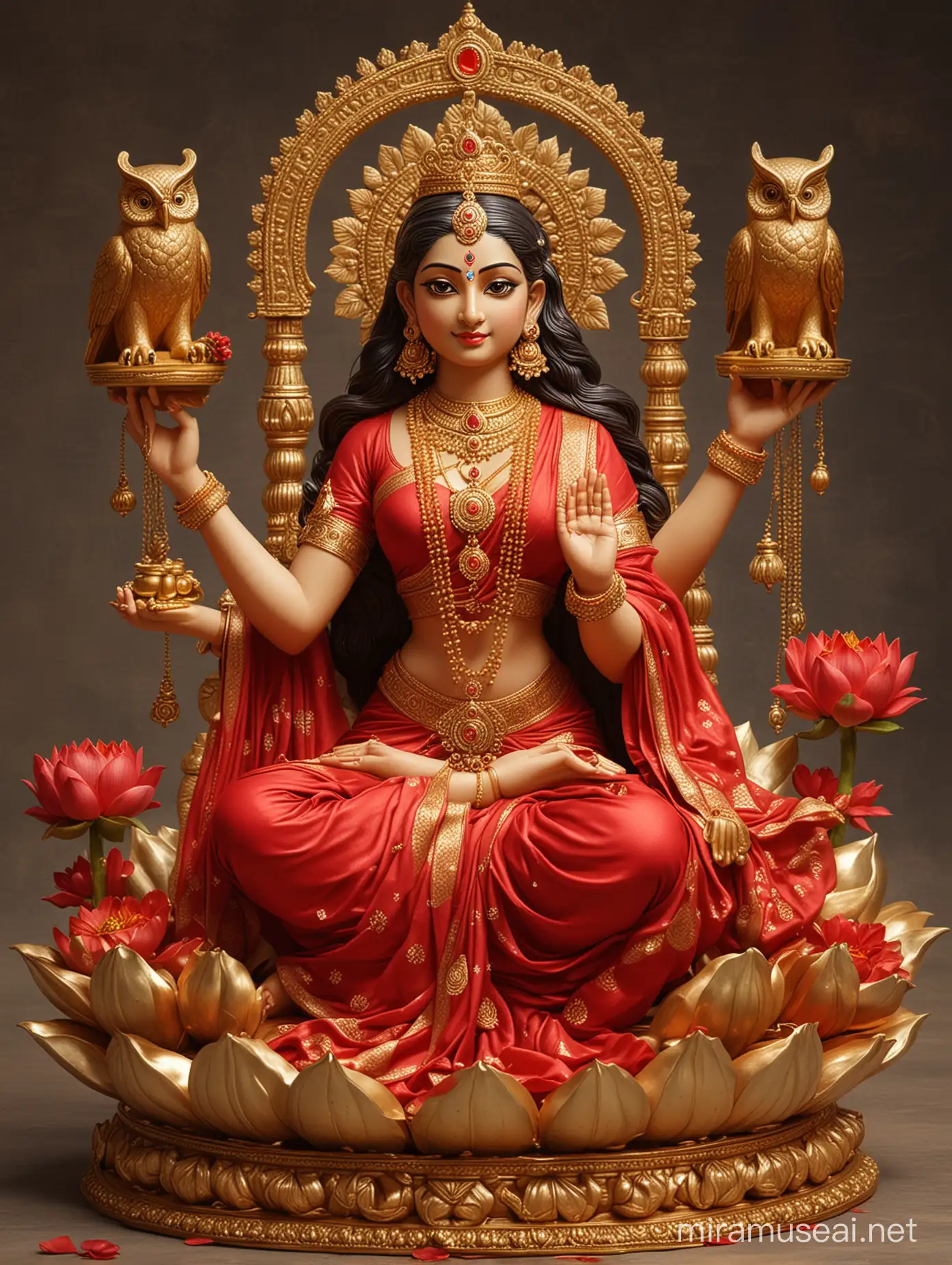 Goddess laxmi sitting on divine lotus flower, wearing Royal red saree, gold ornaments, gold coins pot, owl in side, four blessing arms, wealthy, divine, realistic, blessings,