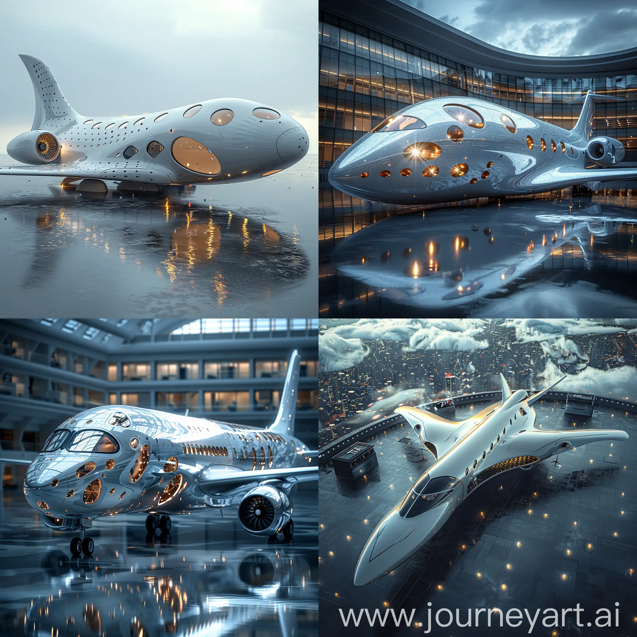 Futuristic ultra-modern passenger aircraft, futuristic ultramodern passenger aircraft, smart metals, smart materials, high tech, octane render --stylize 1000