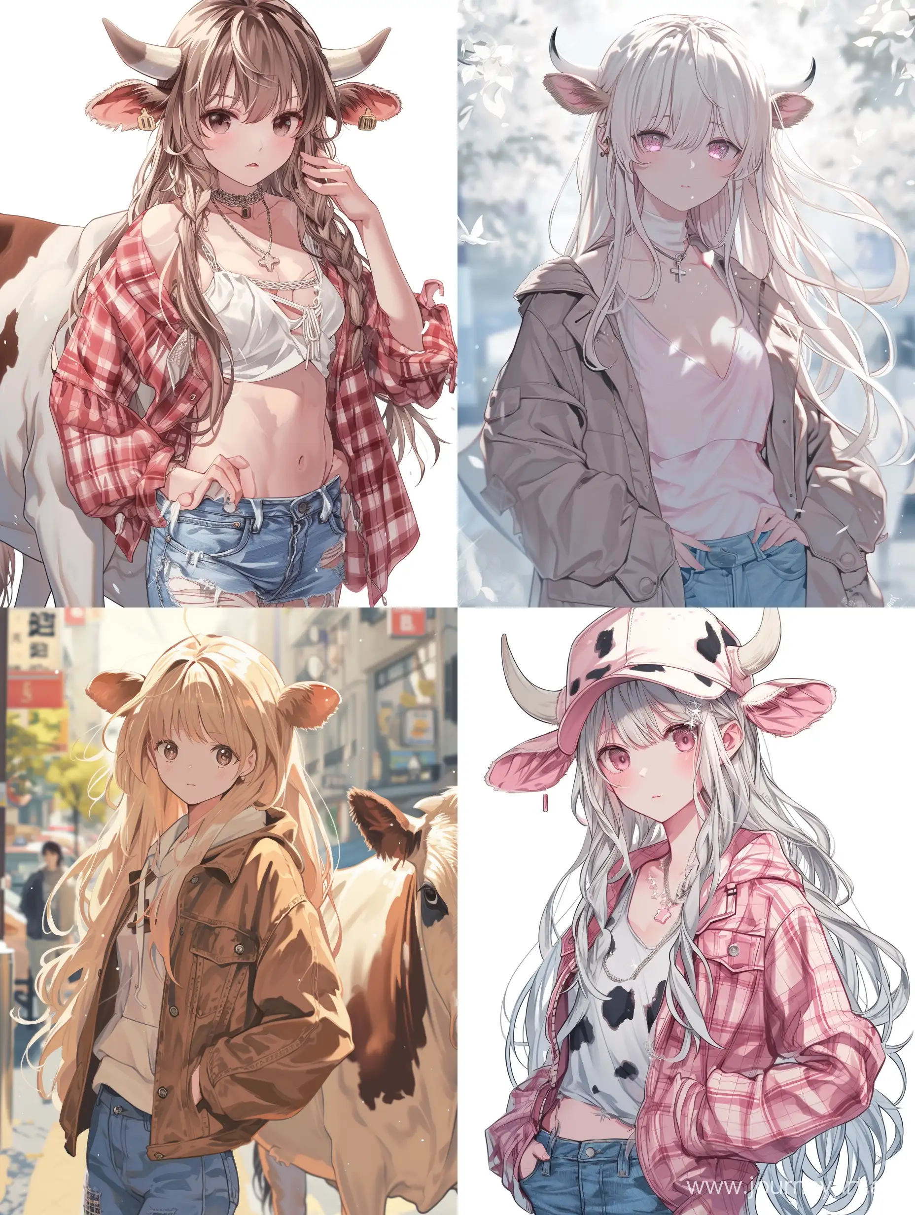 anime girl, cow, long hair, pastel colors, modern clothes