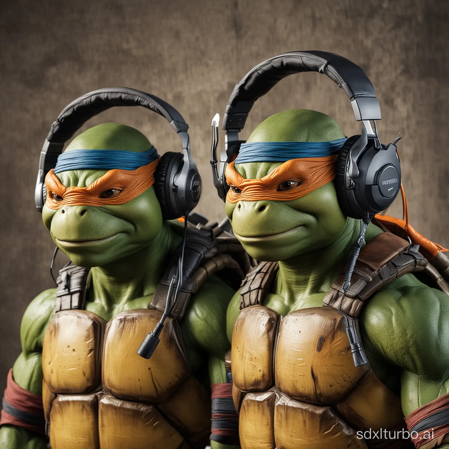 two ninja turtles with headphones
