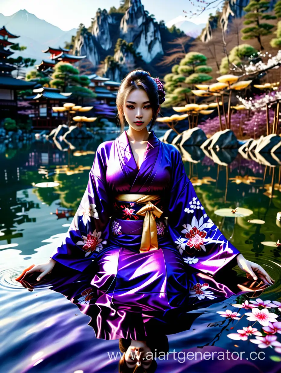 красивая строптивая девушка модельной внешности с большой грудью и длинными фиолетовыми в кимоно лежит по среди озера на фоне гор 
