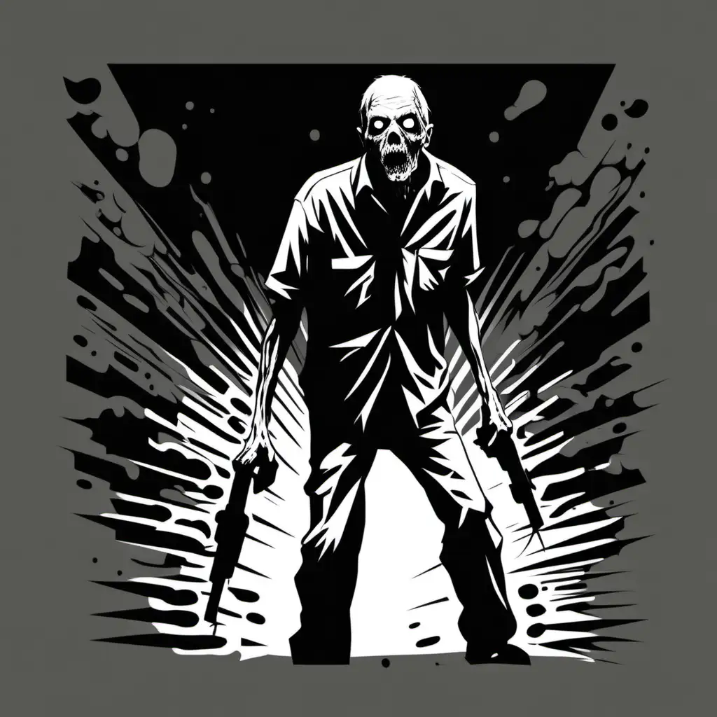 stencil, minimalist, simple, vector art, black and white, black background, zombie walking, 