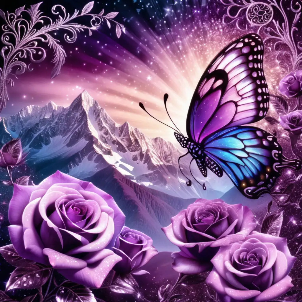 Beautiful mountains background, feathery butterfly, bi-coloed roses deep purple and opalescent, black filigree, sunny rays, glitter, glistening, sparklecore, 