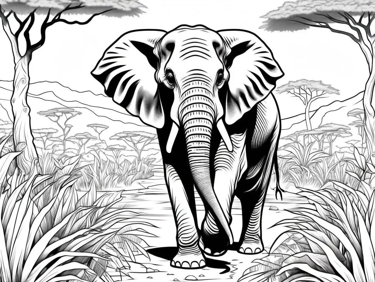 coloring page for adults,  image of elephant, in the Safari, clean outline, no shade