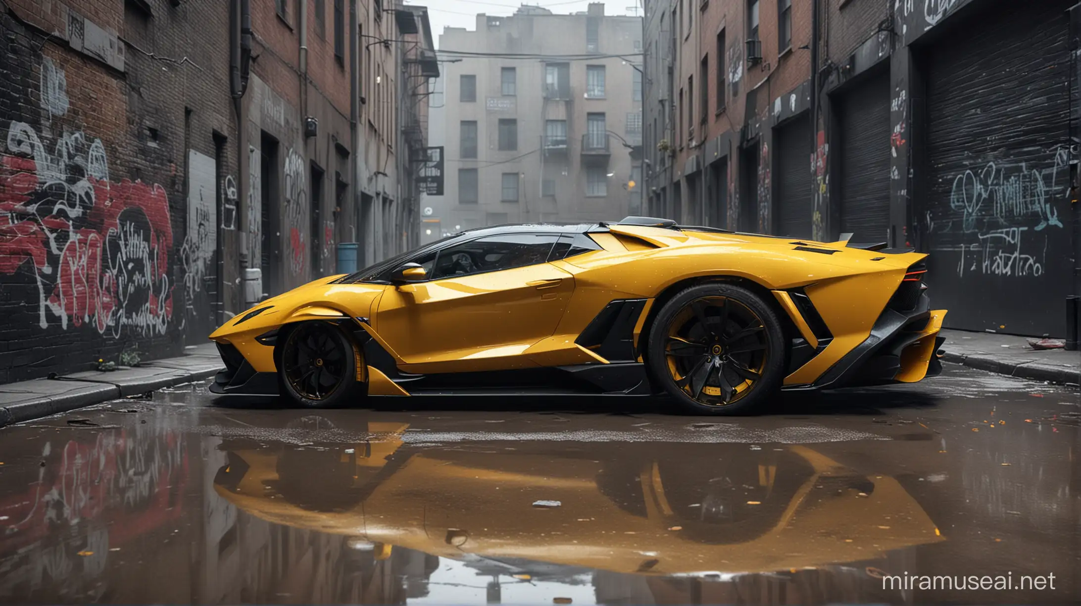 A stunning 3D rendering of a sleek and powerful black Lamborghini Sian Roadster from 2024, captured on a cracked asphalt alleyway. The car stands out in contrast to the wet pavement, having a matte gray finish that contrasts with the graffiti-covered walls displaying the name "Amaury." The black rims highlight the yellow Brembo brakes. The electric storm atmosphere, with the dark sky and lightning illuminating the scene, adds to the dramatic effect. This cinematic, 3D rendering, poster, illustration, painting, and photography blend together to create a captivating and visually striking image.