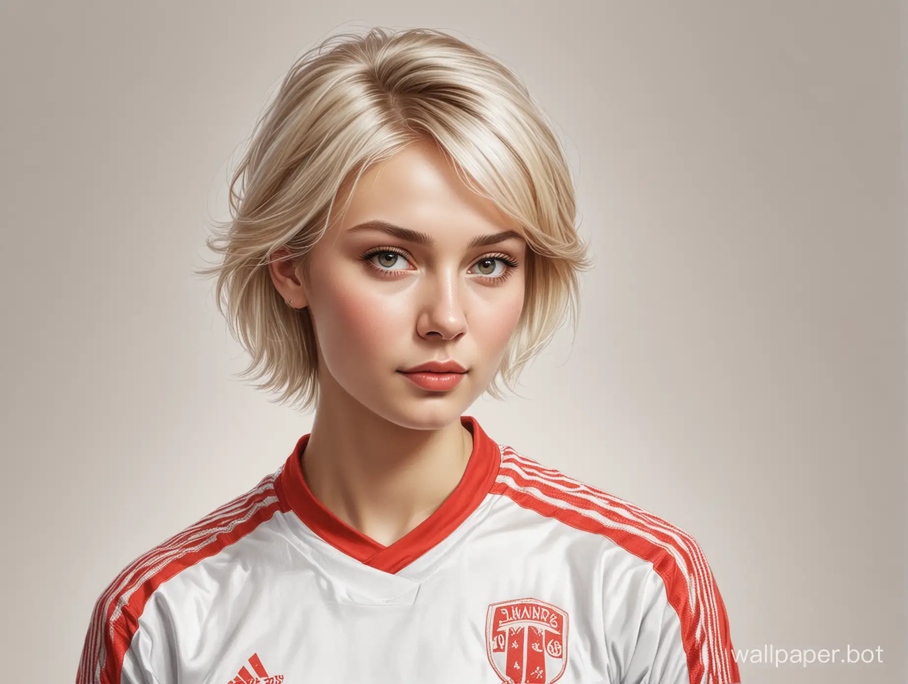 Sketch of young Irina Chashchina with blonde short hair, size 4 chest, narrow waist in red and white soccer uniform on white background, highly realistic liner drawing