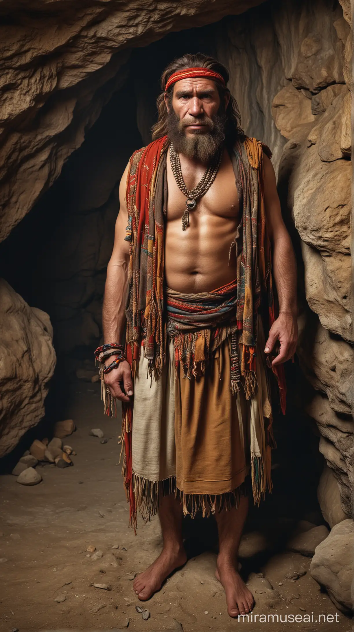 Neanderthal in Traditional Kurdish Garb within a Cave Dwelling