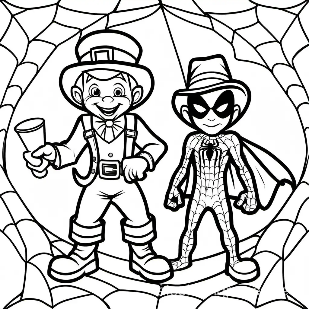 leprechaun and spiderman together

, Coloring Page, black and white, line art, white background, Simplicity, Ample White Space. The background of the coloring page is plain white to make it easy for young children to color within the lines. The outlines of all the subjects are easy to distinguish, making it simple for kids to color without too much difficulty
