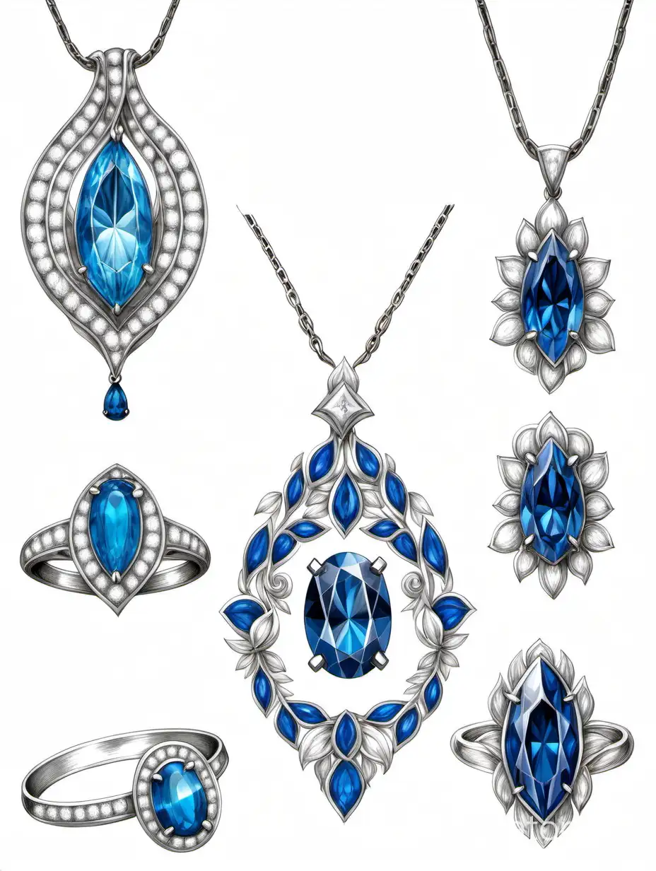 create several beautiful jewelry sketches with a pendant, necklace, and a ring with diamonds and sapphires with topazes