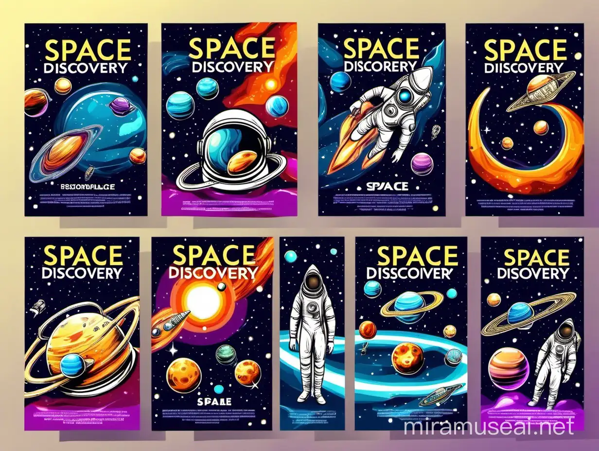 Space discovery colorful set flyers intergalactic ships and brave astronaut for science fiction literature about colonization distant planets vector illustration