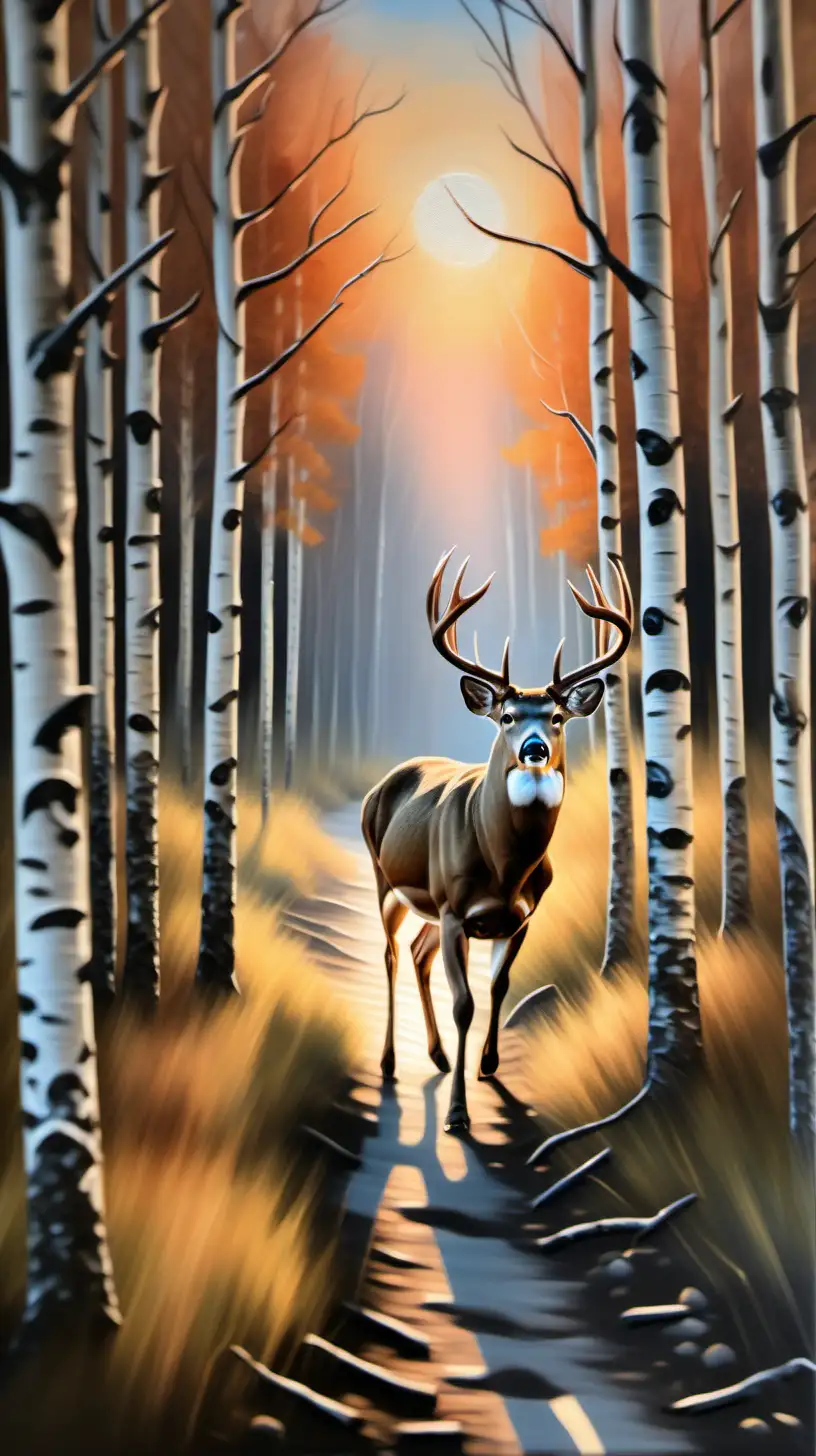 oil painting of whitetail buck walking through birch tree forest at sunset
