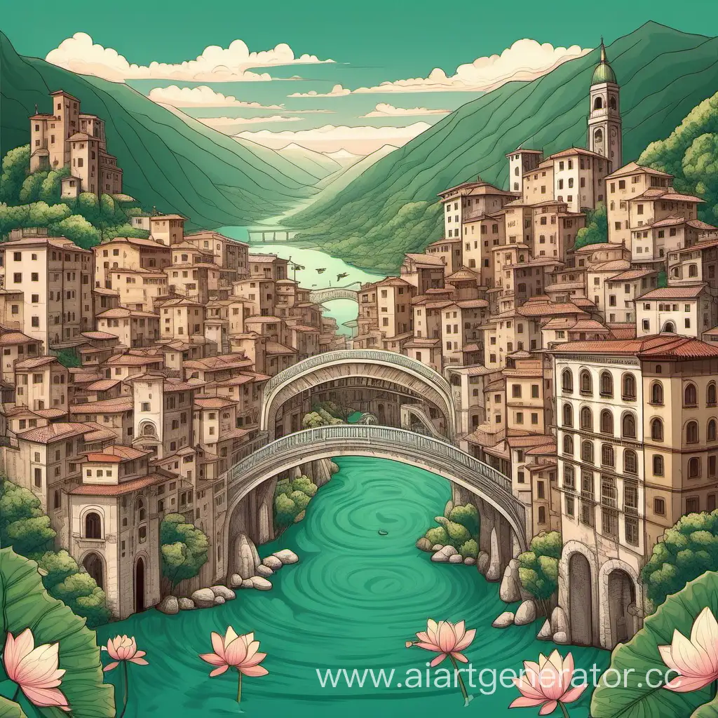 Город над рекой между гор. через горы проходят мосты. в воде плавают лотосы и угри. здания в стиле Италии
