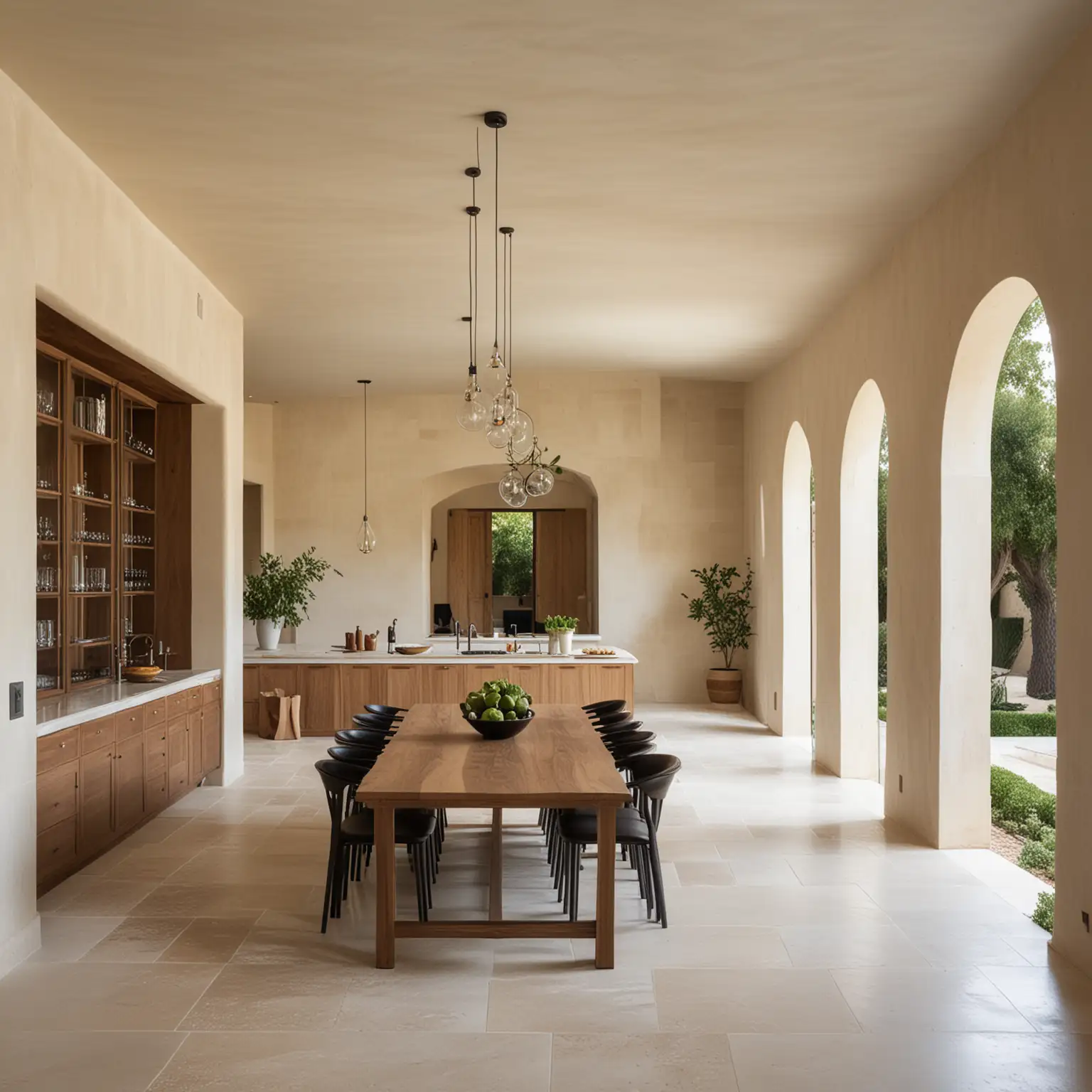 a large minimalist organic mediterranean inspired estate home kitchen and dining room; limestone floors, walnut wood, limewashed walls'
