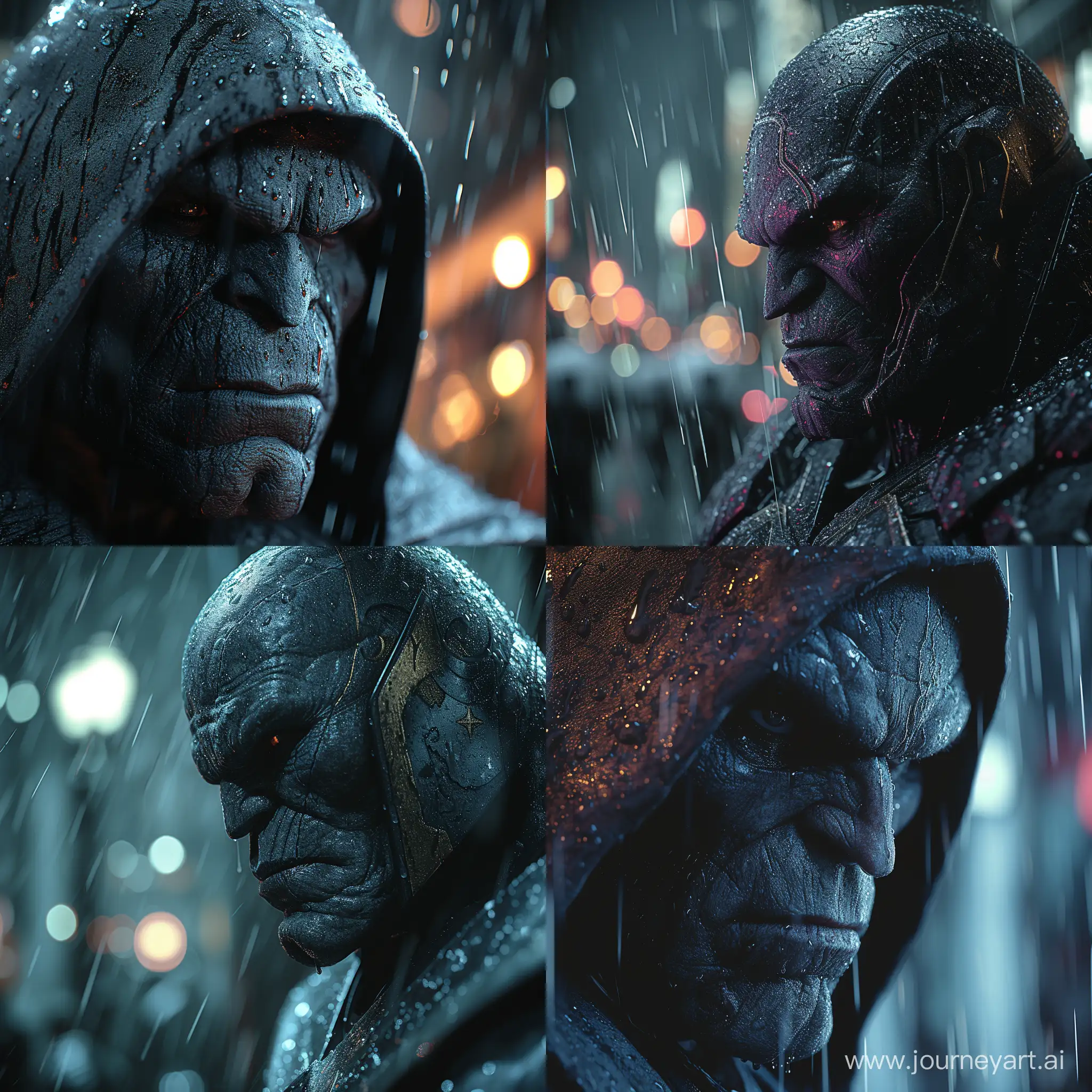 Create a realistic and dynamic image of Darkseid in Gotham City, with a close-up depth of field, set in the rain. The image should capture the essence of Gotham City's atmosphere and Darkseid's character, incorporating a stylized approach. Pay attention to detail and realism, and ensure that the image conveys a sense of drama and intrigue --stylize 750 --v 6