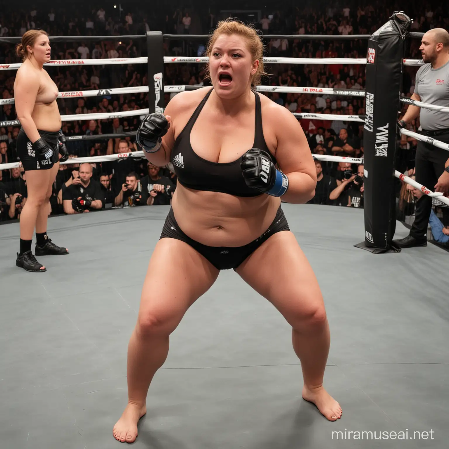 real life photo of overweight woman knocking herself out in mma ring