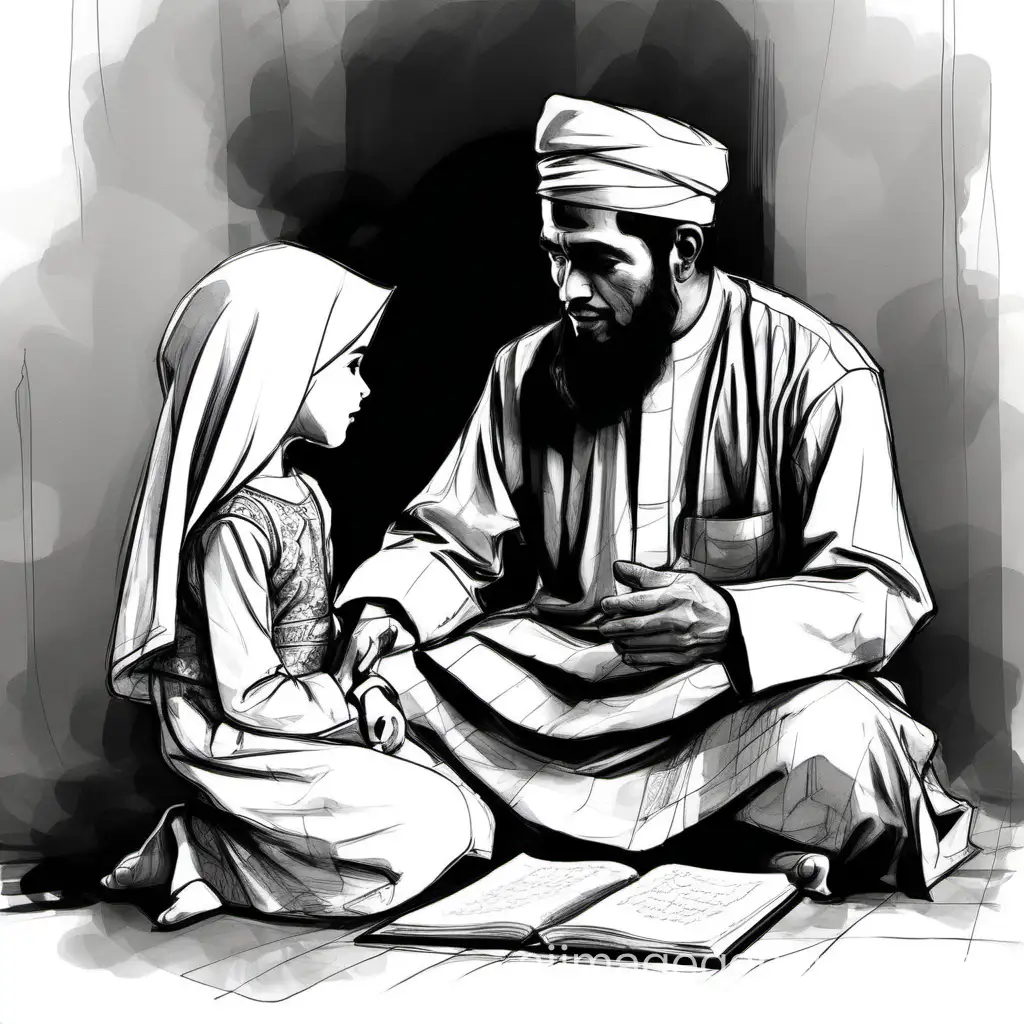 Islamic-Father-Advising-Daughter-Guidance-in-Art-Sketch