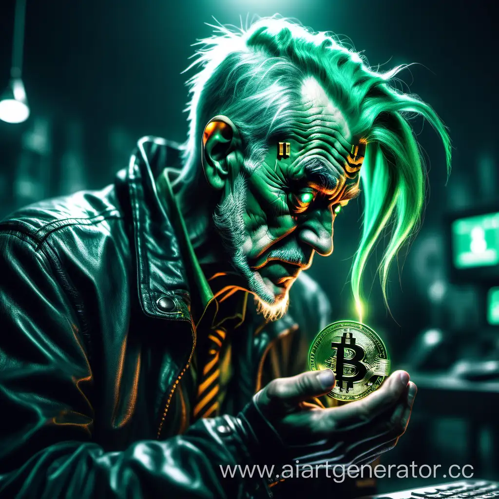 Дедушка с зелеными волосами кусает монету биткойн,  мрачная атмосфера, в стиле киберпанк, высокое качество, детализация, криптовалюта