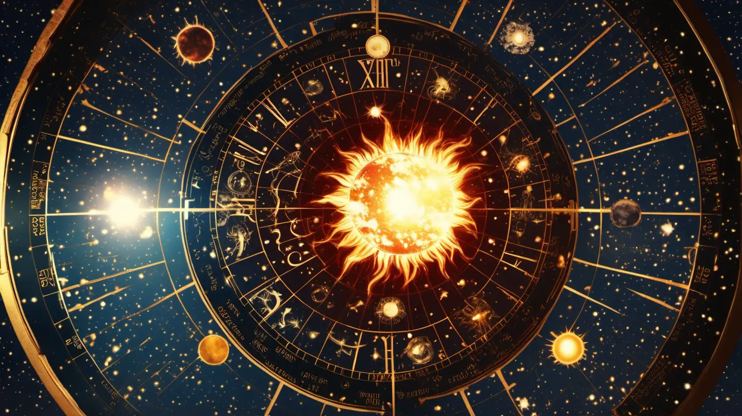 Cinematic still of a blazing sun in the center of a circular Zodiac calendar with a vast starry universe behind it