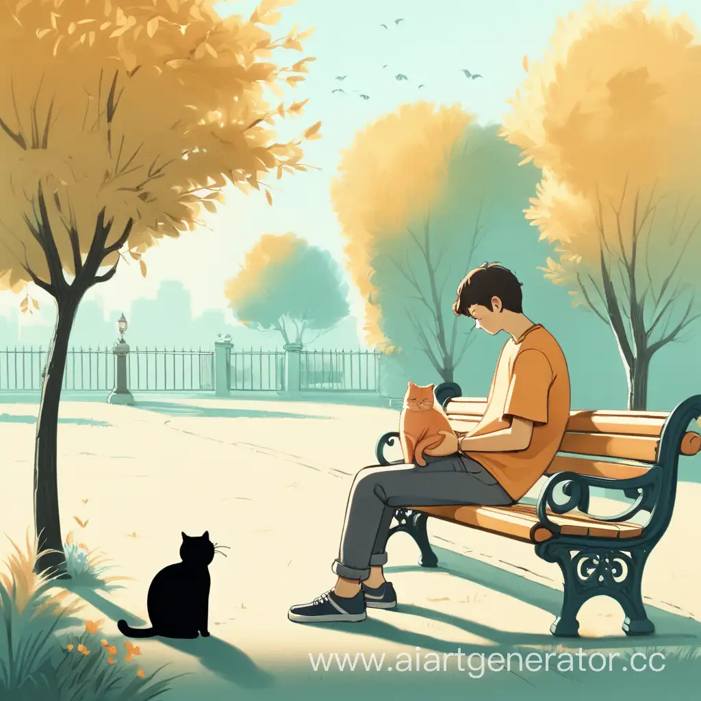 Serene-Summer-Scene-Person-Relaxing-on-Bench-with-Cat