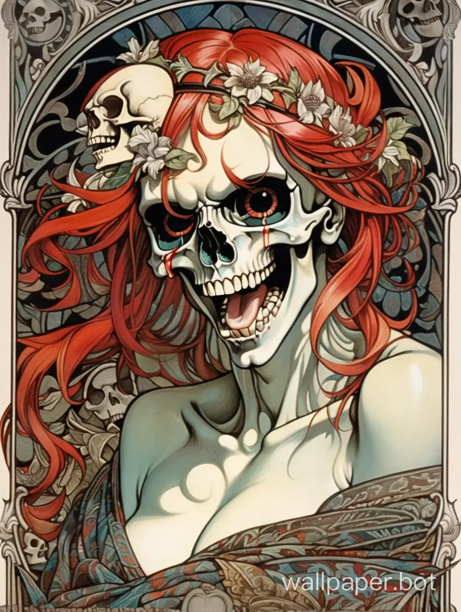 skull young pornstar,  Beautiful face, evil laugh, open mouth with tongue, details, darkness assimetrical, alphonse mucha hiperdetailed, william morris assymetrical  background, torn poster edge, chaos chromatic dripping colors, black, white, red, gray, sticker art