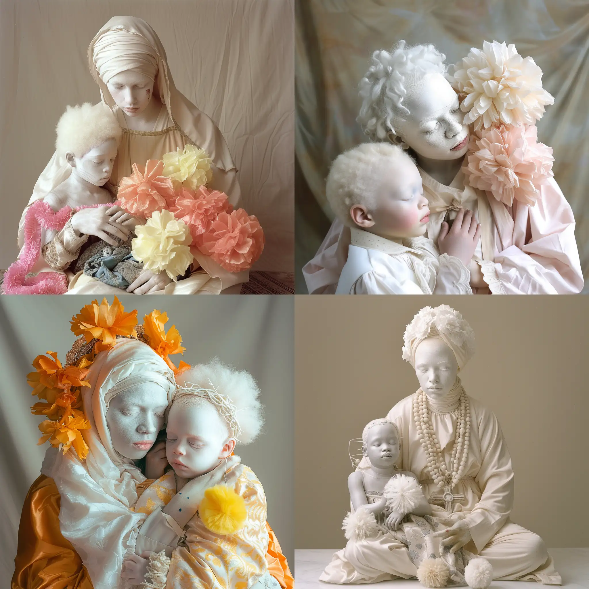 Madonna African albino with Jesus albino africano pom-poms Flat background realistic Kodak 