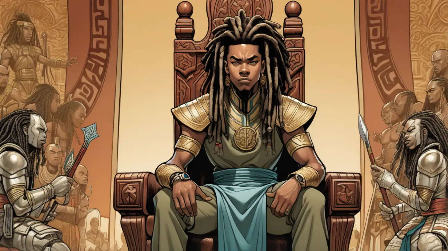 young black man with dreadlocks, sitting on a throne, calmly commanding an army, asian-inspired, african inspired, modern, comic book style, in color, earth tones
