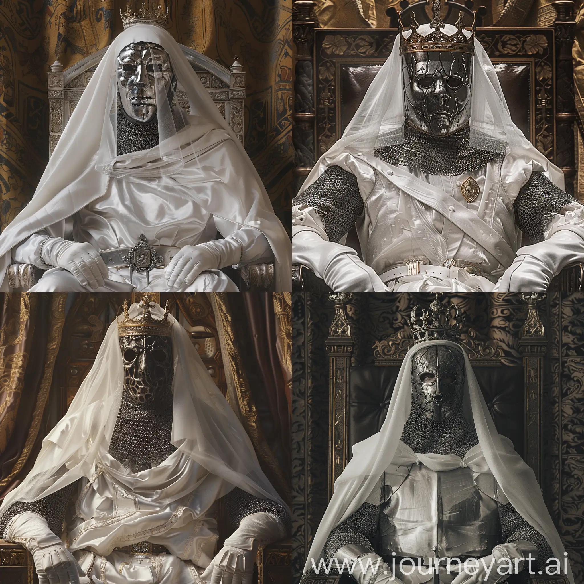 King Baldwin IV of Jerusalem. He is wearing white tabard over chainmail. Full face covering iron human face shaped mask. White veil and king crown. White silk gloves. He is on his throne. Cinematic shot. Photorealism.