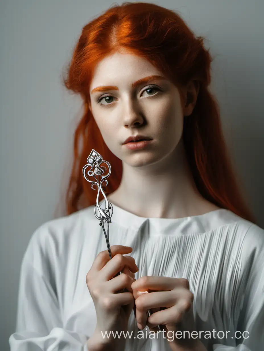 Рыжеволосая девушка 22 лет держит в руках серебряную шпильку