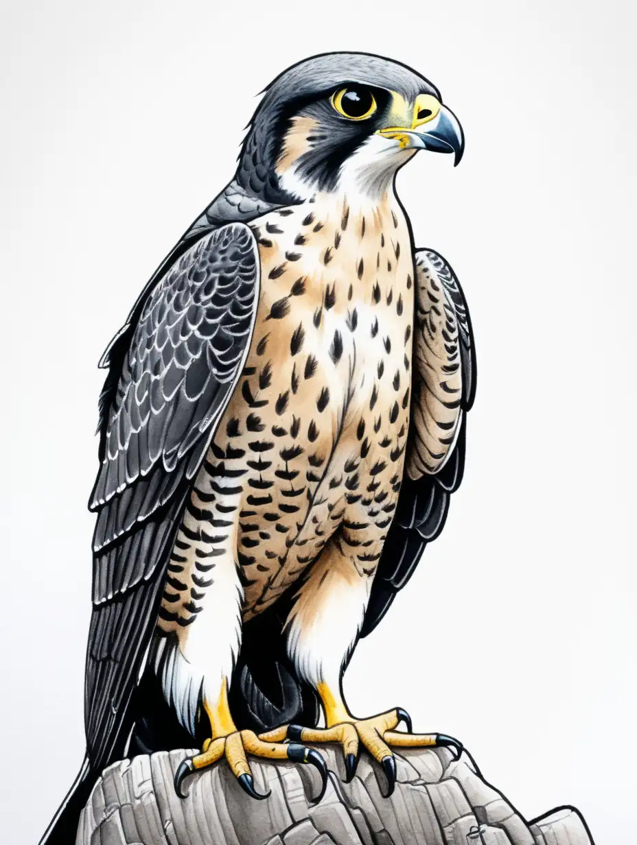 Peregrine Falcon cartoon style, ink drawing and watercolor, black background