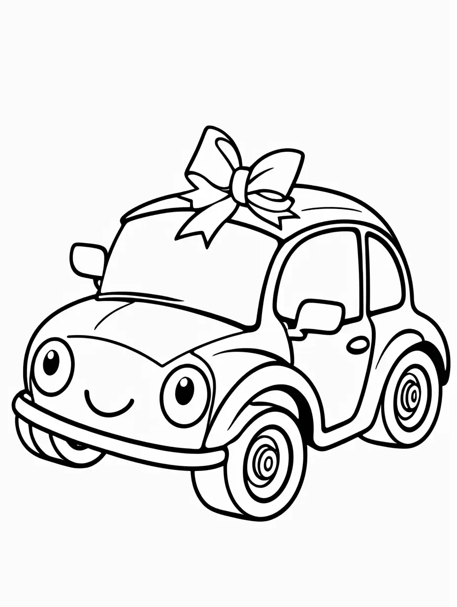 Very easy coloring page for 3 years old toddler. Smile cartoon car with bow. Without shadows. Thick black outline, without colors and big  details. White background.