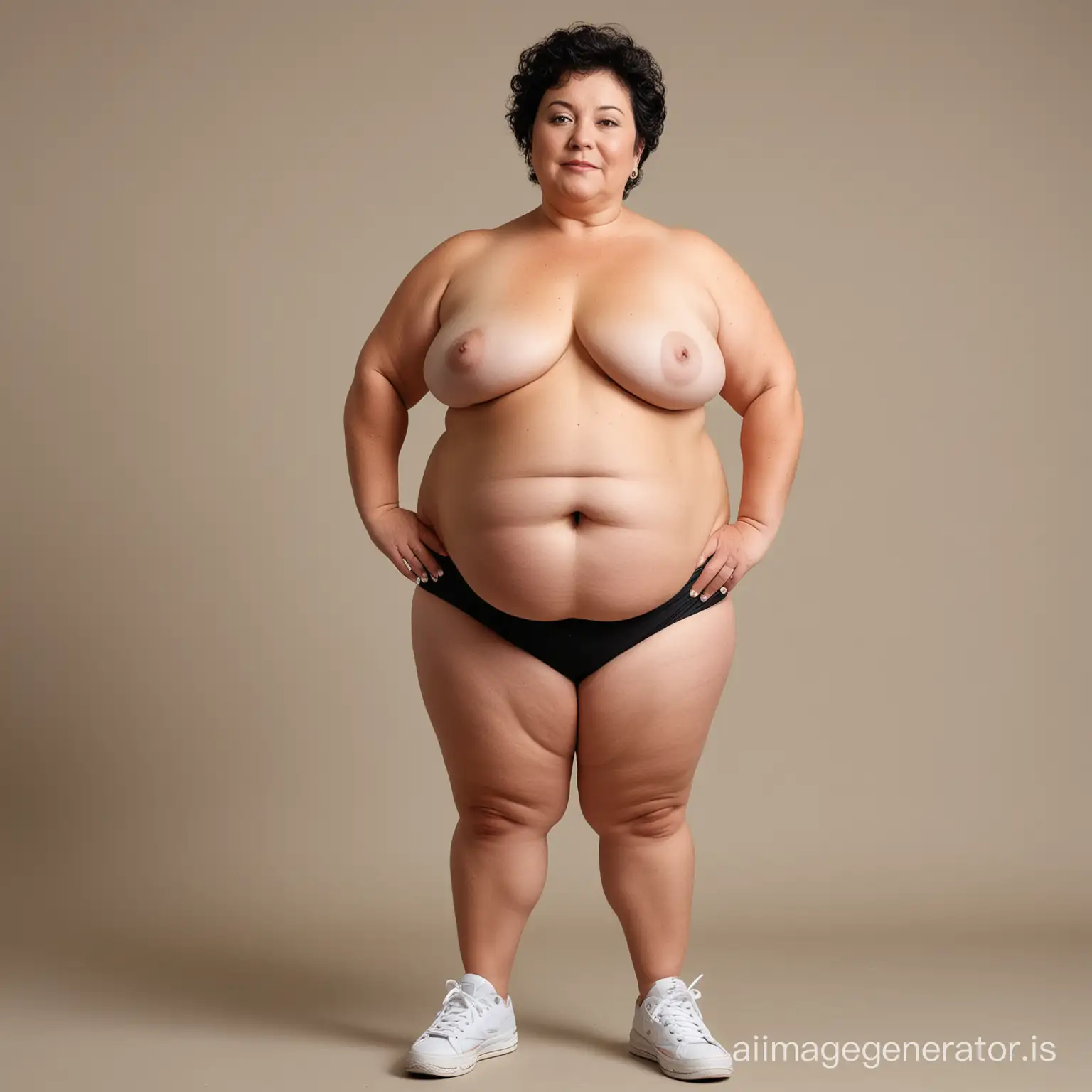 Naked bbw, age 70, short, weight 110kg., big and fat belly, big hips and fat legs, fat wrists. Chubby arms. Black hairs. Standing. Wears sneakers. Short neck, 
