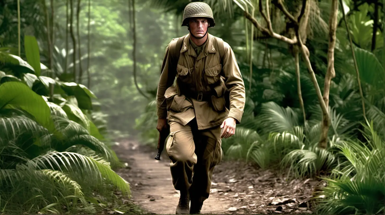 Handsome American World War Two Soldier Strolling in Lush Jungle Setting